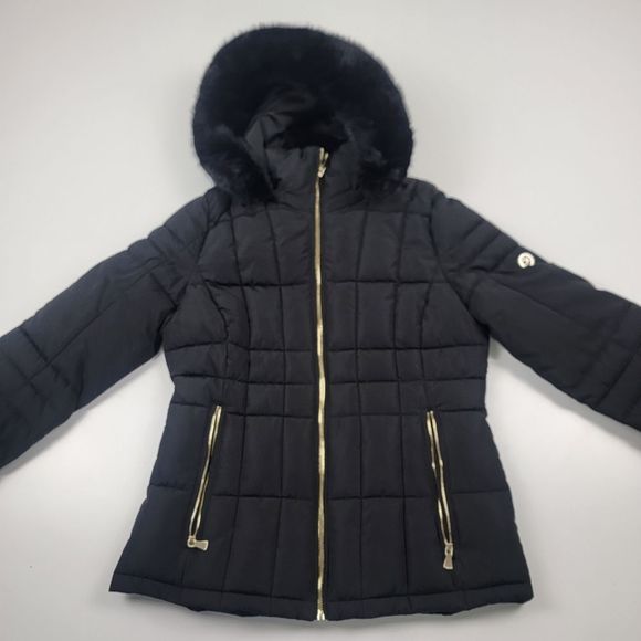 CK Hooded Puffer Jacket Full Zip Faux Fur Size Small - Picture 2 of 9